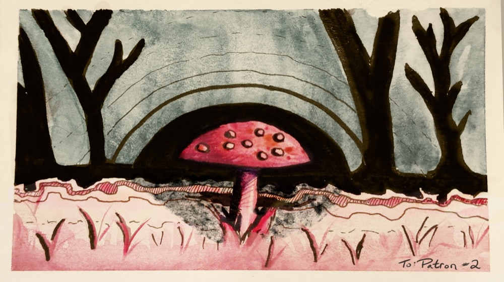 Watercolor painting of a red-capped mushroom in a dark forest